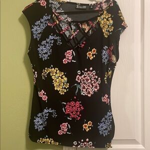 New York & Company Black Blouse with Multicolor Floral Design